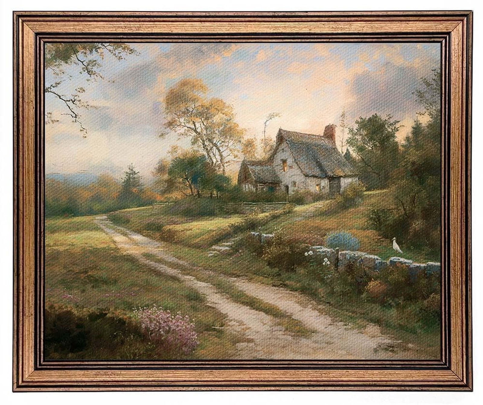 Gold Framed Wall Art, Vintage Countryside Cottage Painting Farmhouse Decor, R...