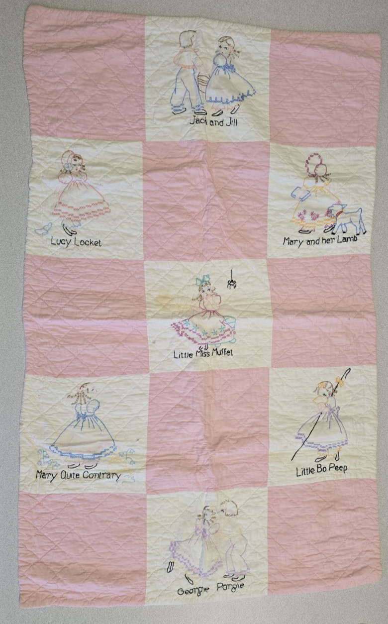 Hand Sewn Baby Quilt VTG Keepsake Blanket Pink Nursery Cross-Stitch 36x22"