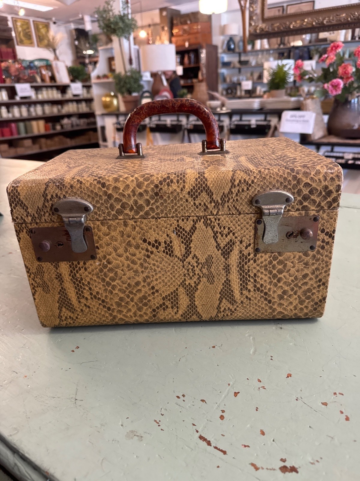 Vintage Faux Snakeskin Train Case w Brown Bakelite Handle and mirror Inside