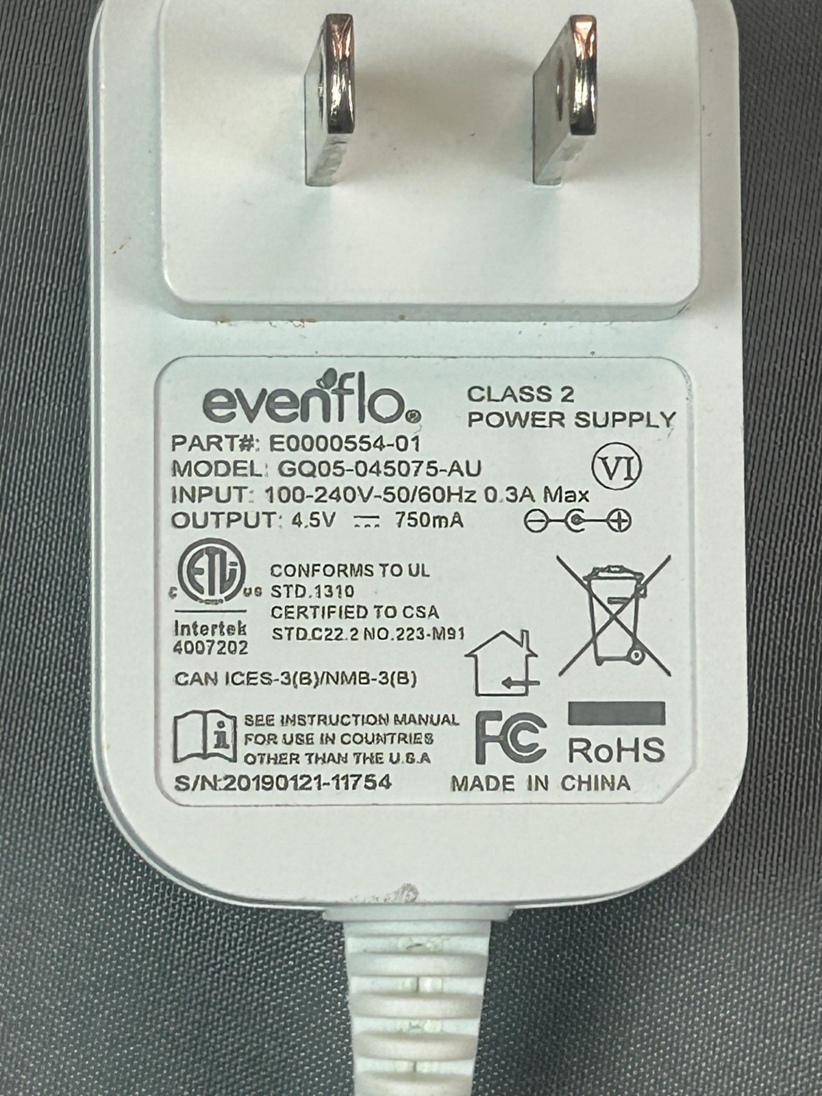 4.5V 750mA Replacement Power Adapter Evenflo E0000554-01 Baby Swing Charger