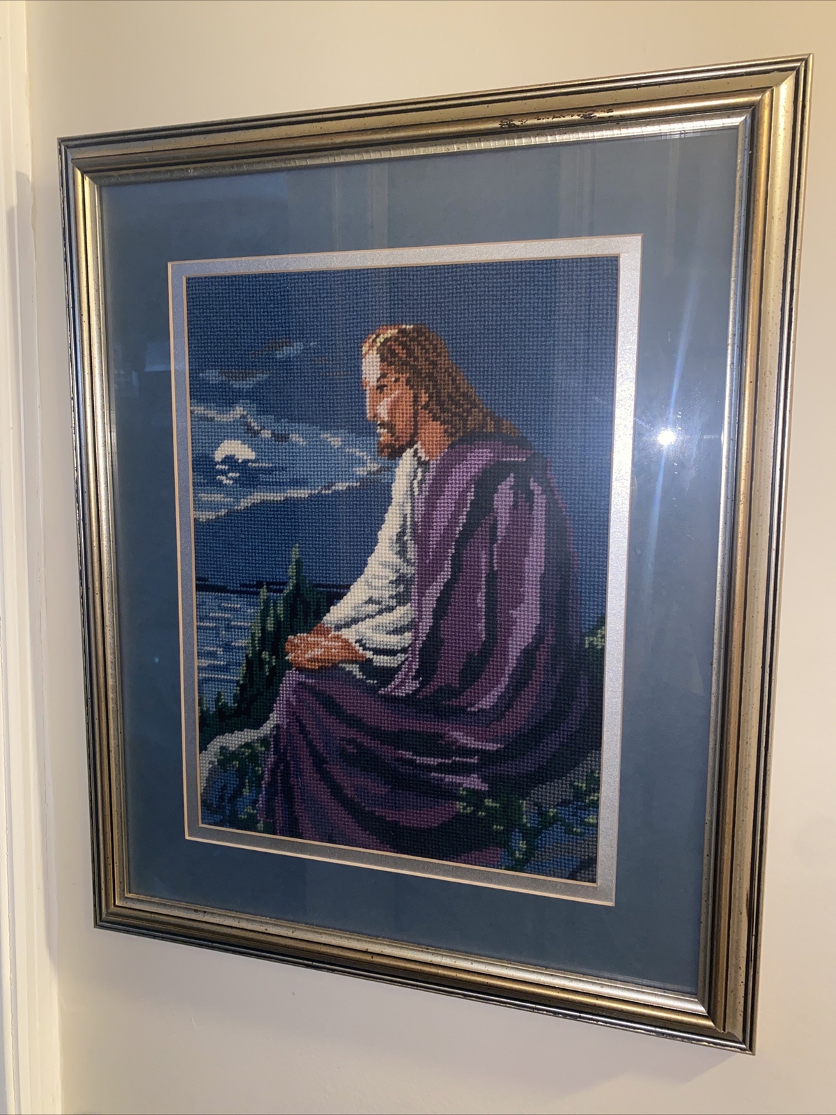 Finished Framed Handmade Crewel Needlework Jesus Art Beautiful Frame 23x19