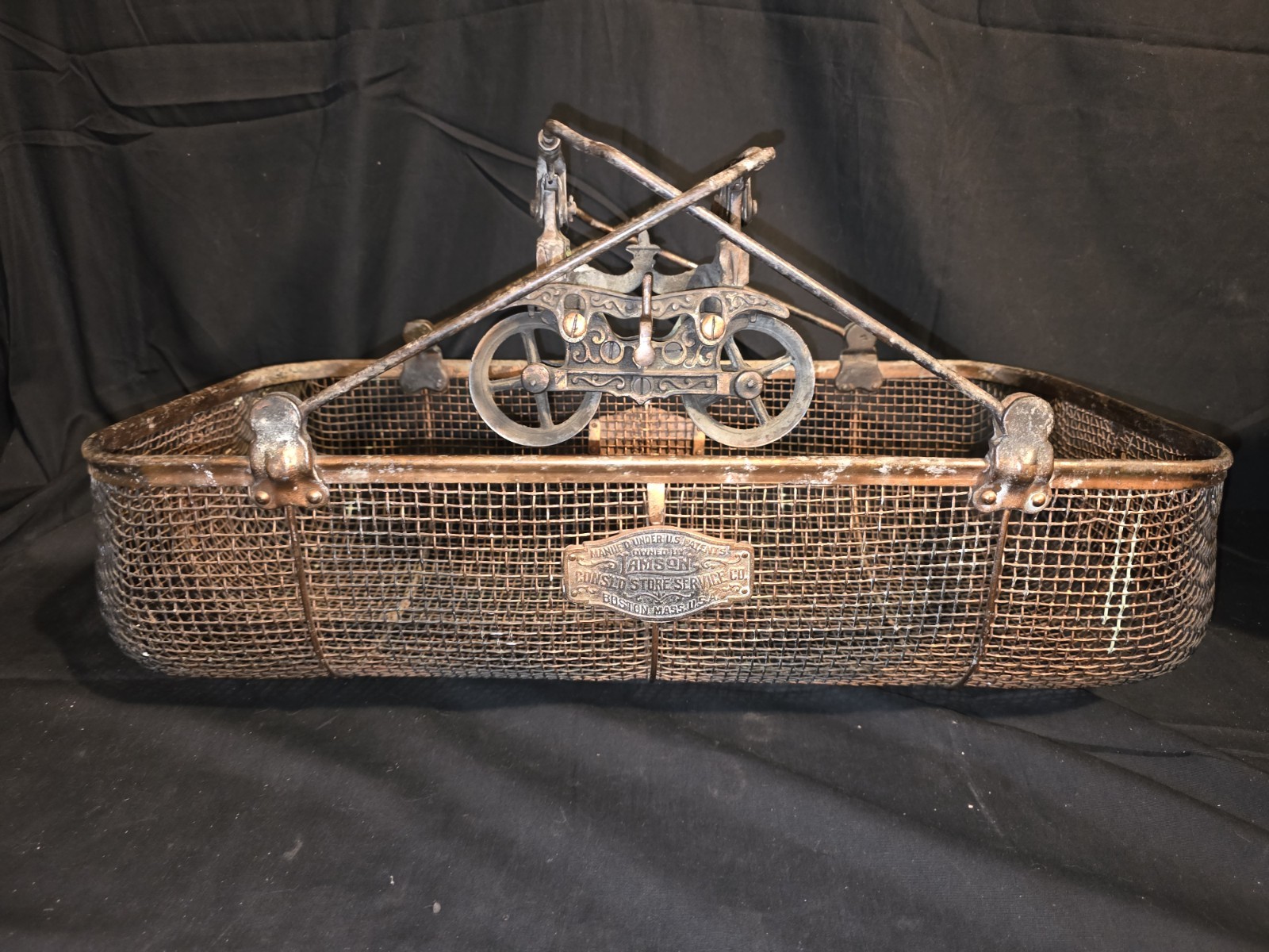 VTG Antique Lamson Messenger Cash Basket Trolley Rare Htf Metal Rail Track