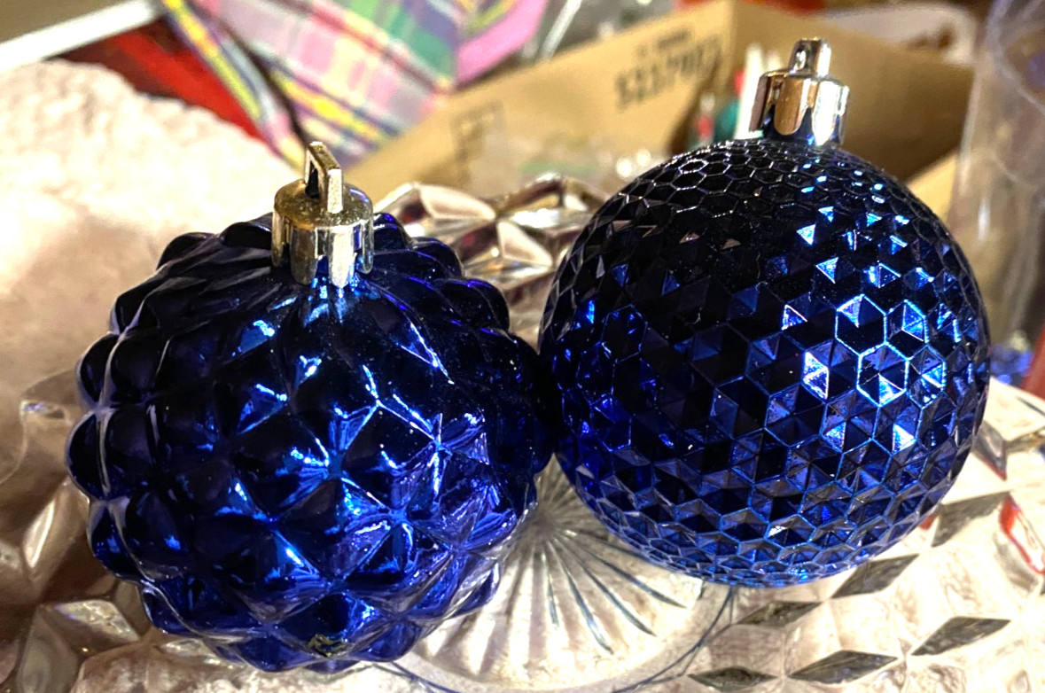 2 Blue Shatterproof Christmas Ornaments 2 1/4"