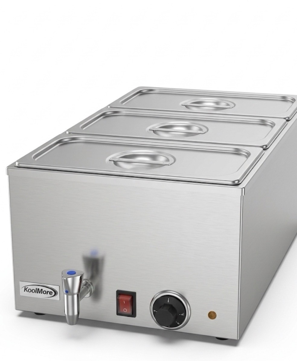 KoolMore Commercial Countertop Food Warmer 3 Stainless Steel Compartments & Lids