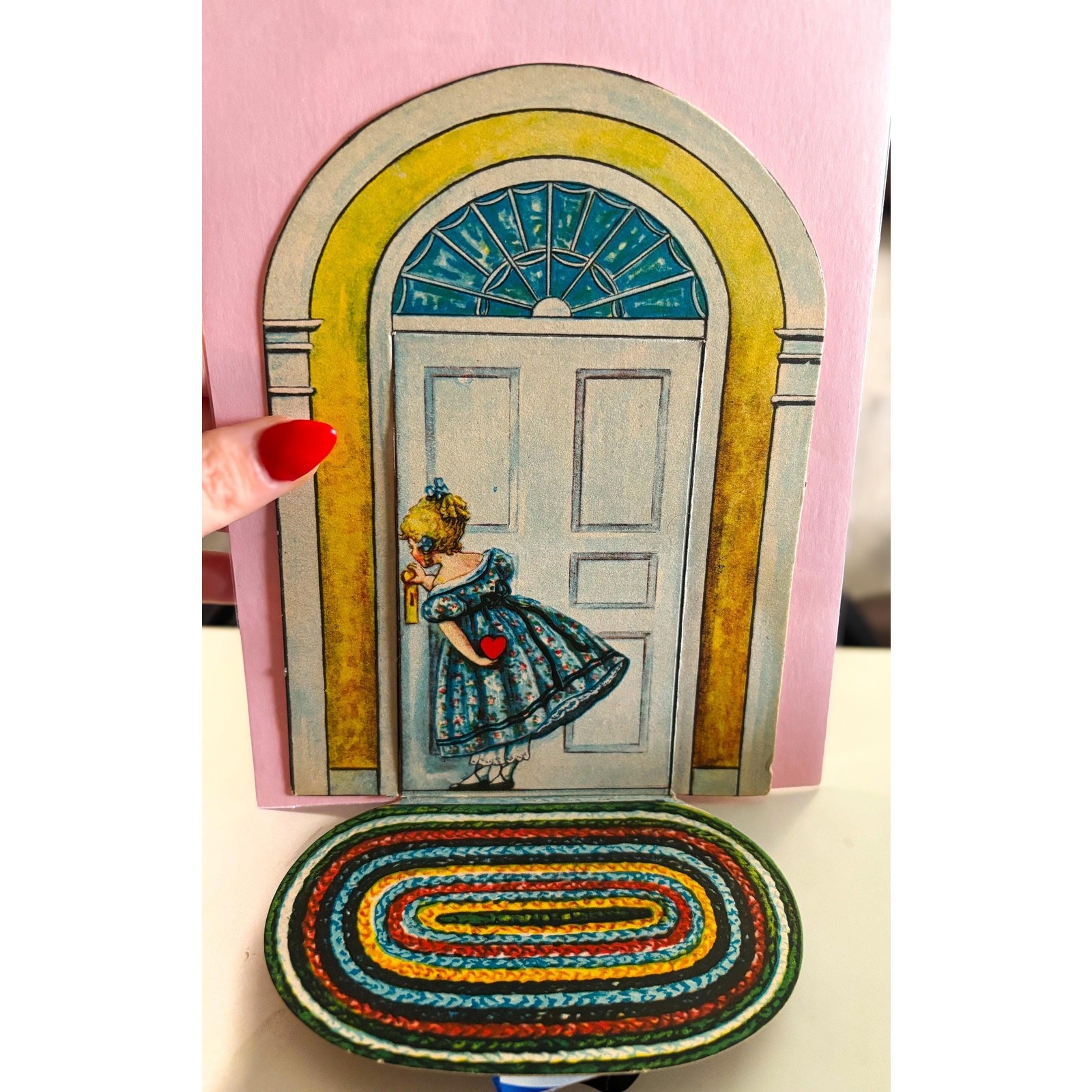 Vintage Mechanical Valentine Card – Girl Knocking, Braided Rug – 1930s