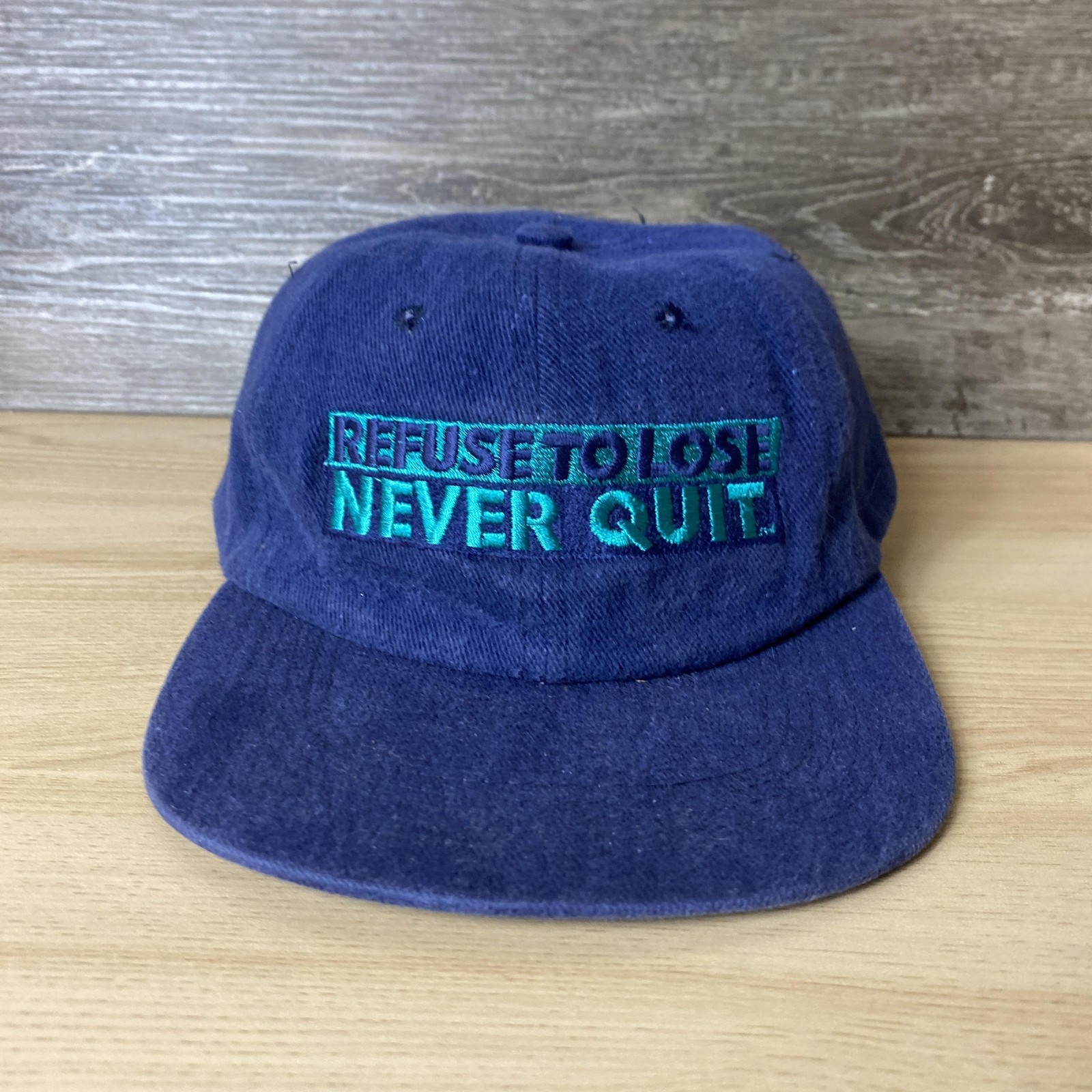 Vintage Refuse To Lose Never Quit Hat Cap Snap Back Blue Embroidered Mens 90s