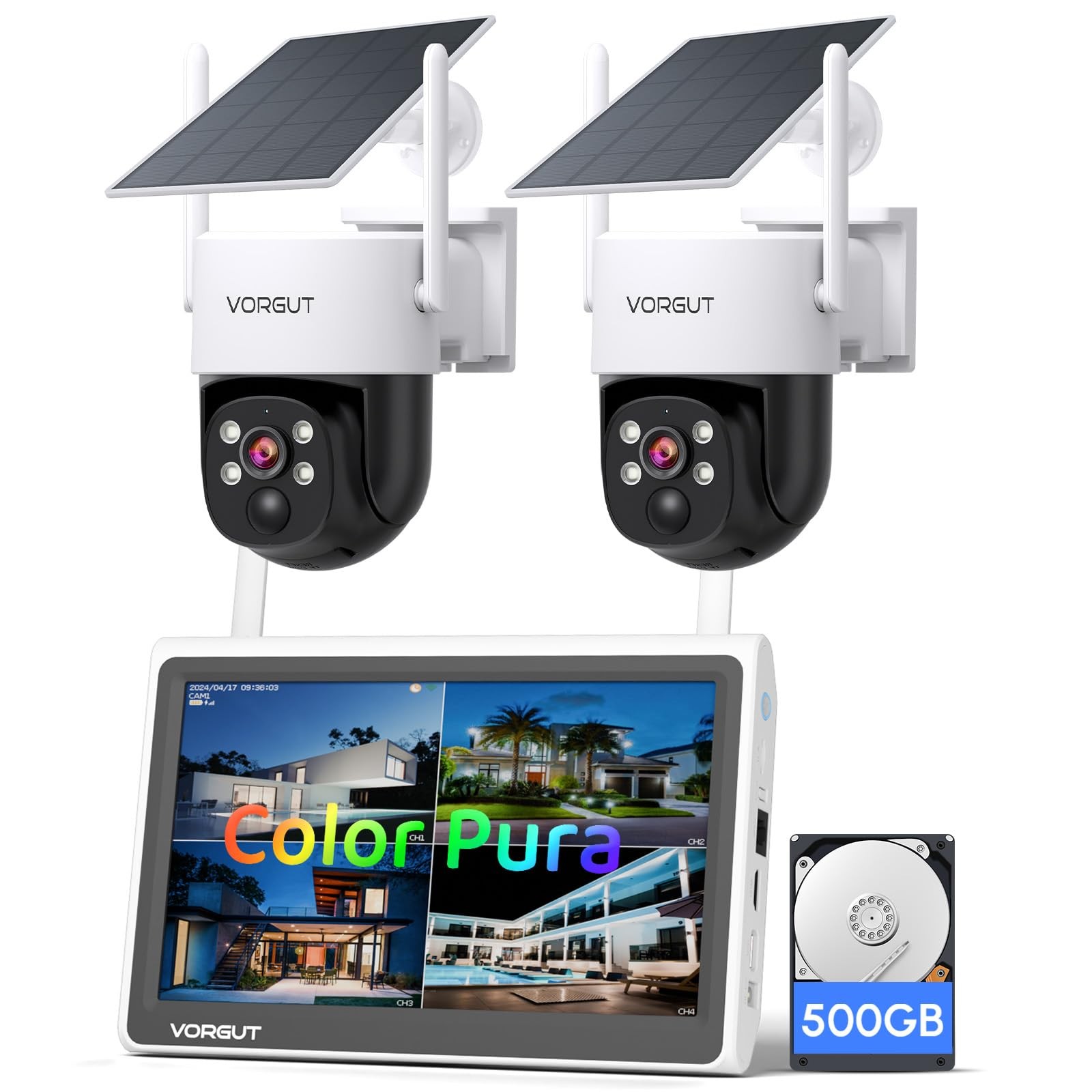 Solar Powered Security Camera System Outdoor with 10" Monitor, 2pcs 2K Wirele...