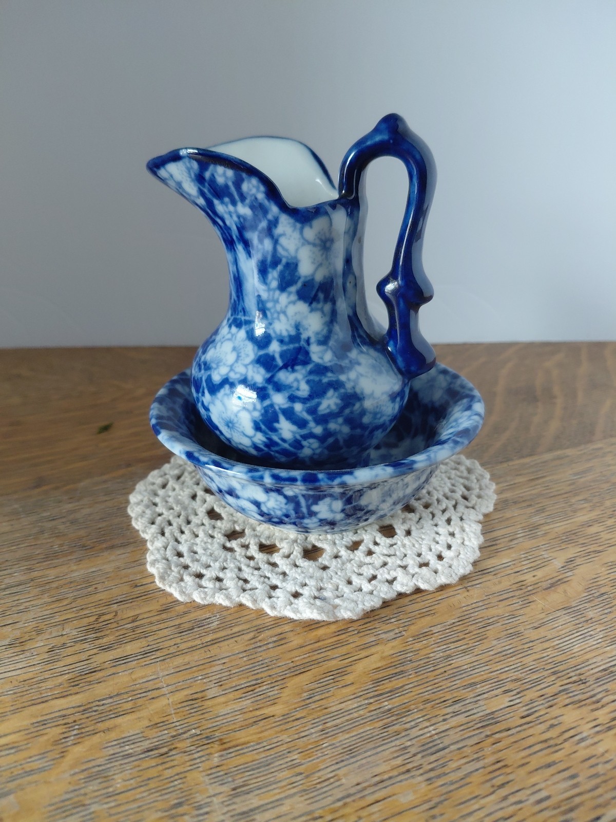 Vintage  Pitcher and Basin Blue Floral Calico 4” Mini