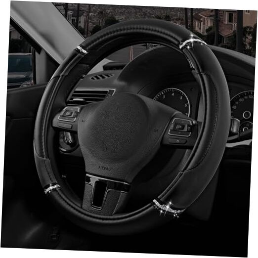 Leather Steering Wheel Cover - Made with PVC Leather - Anti-Slip, Black