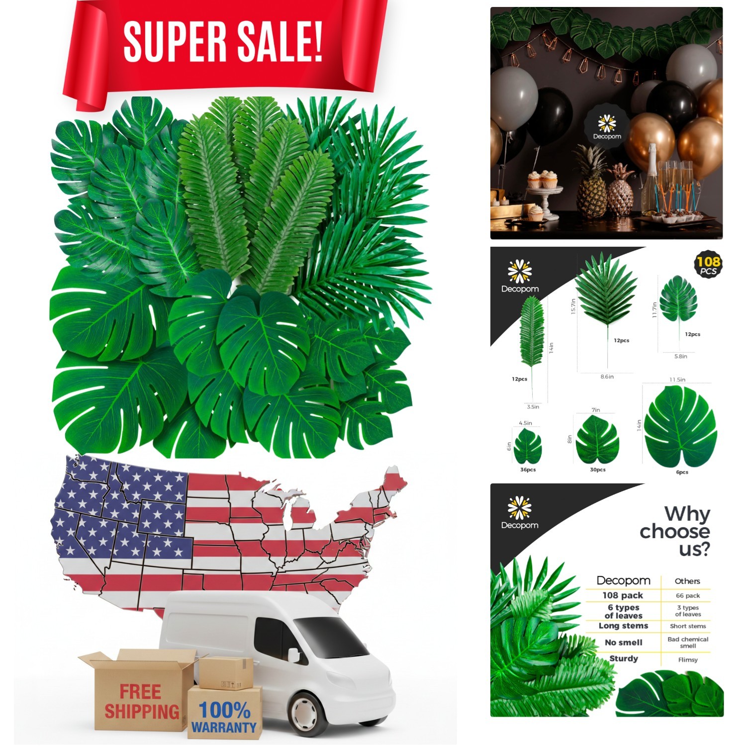 108 Pack Palm Leaves Artificial Tropical Monstera - 6 Kinds Large Small Green...