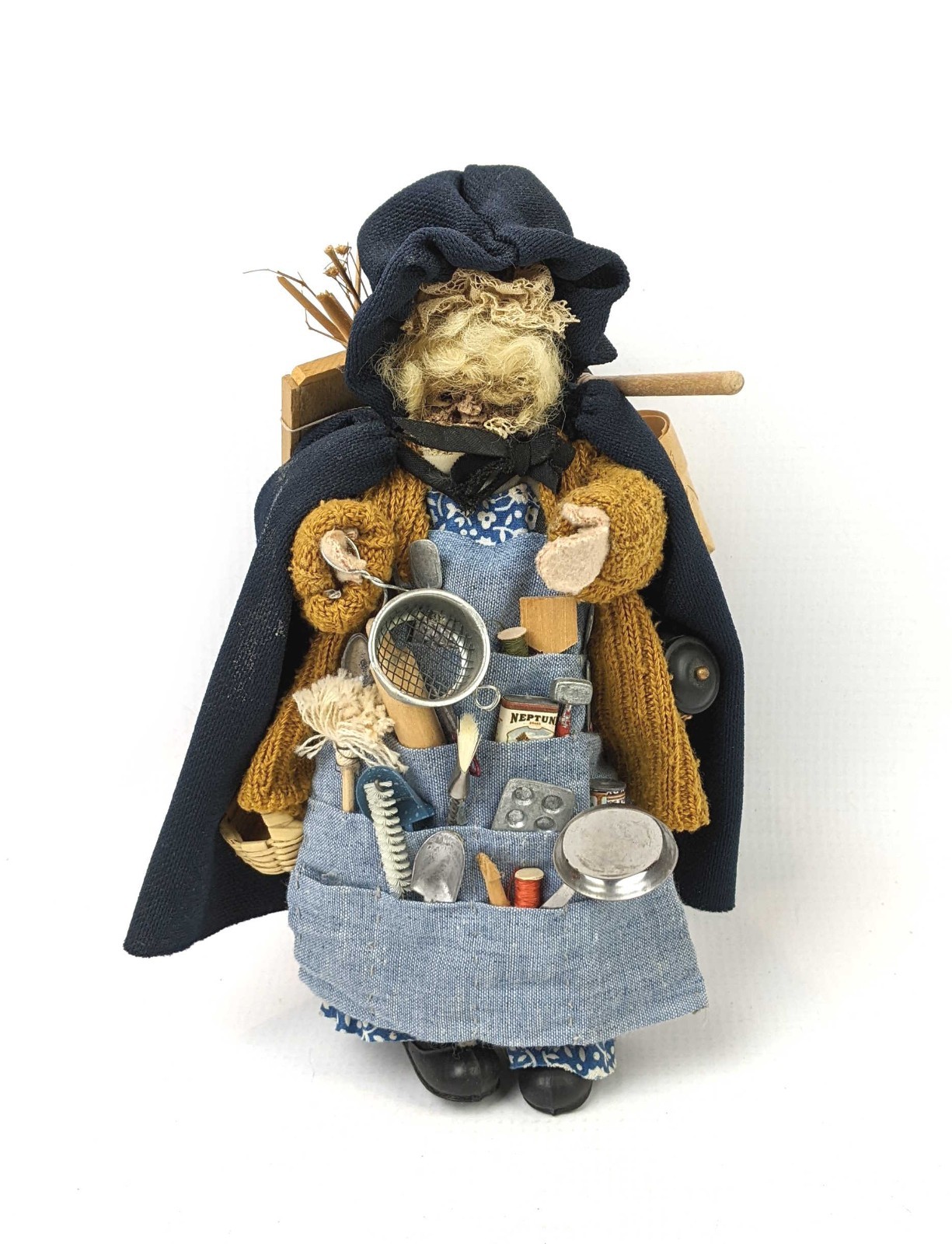 Vintage Primitive Folk Art Handmade Old Woman Lady Peddler Doll 8" Tall