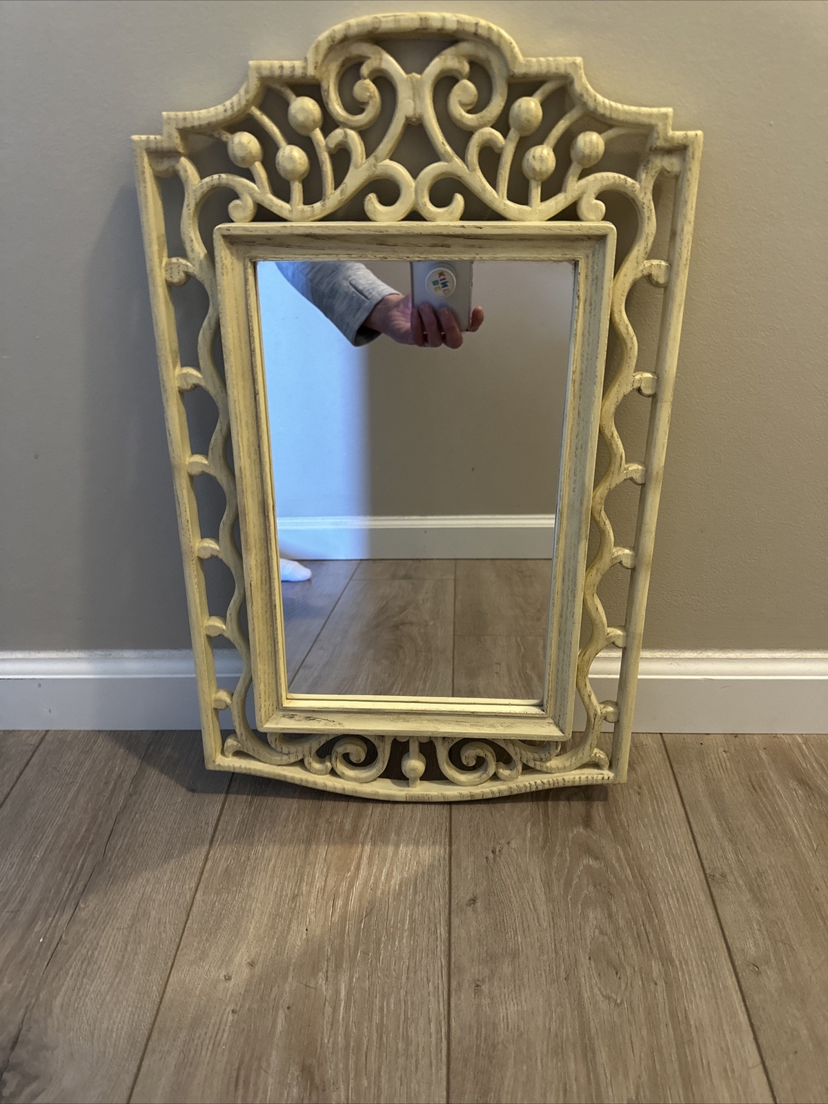 Vintage Homco Off-White Scrolled Faux Wood  Large Rectangular Mirror Wall Accent