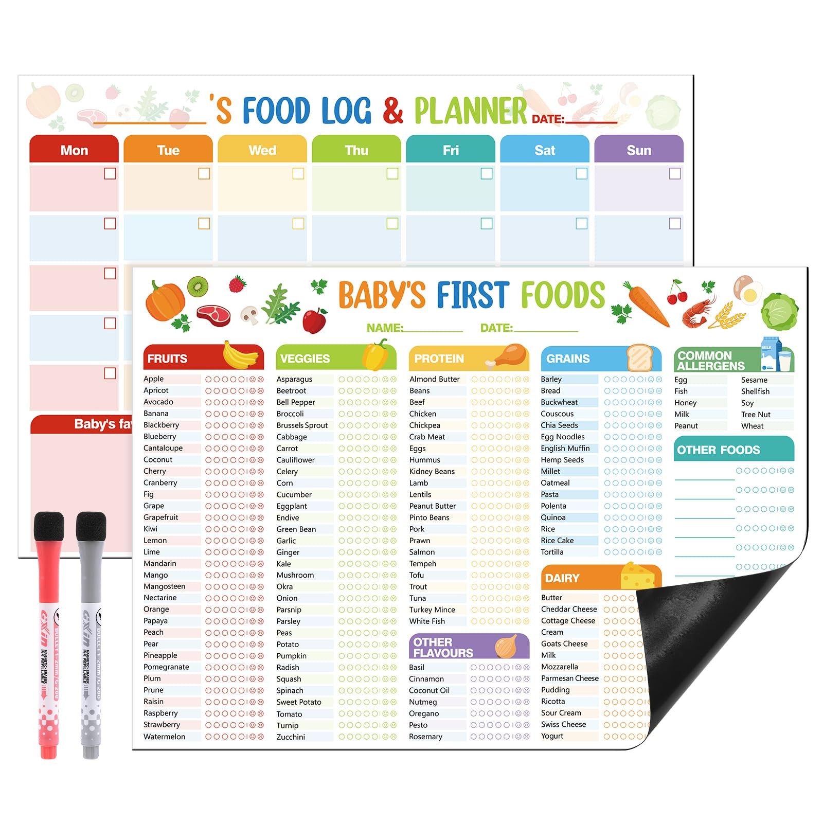 2 Pack Baby First Foods Checklist, 14x10"Baby Food Chart with 2 Dry Erase... 