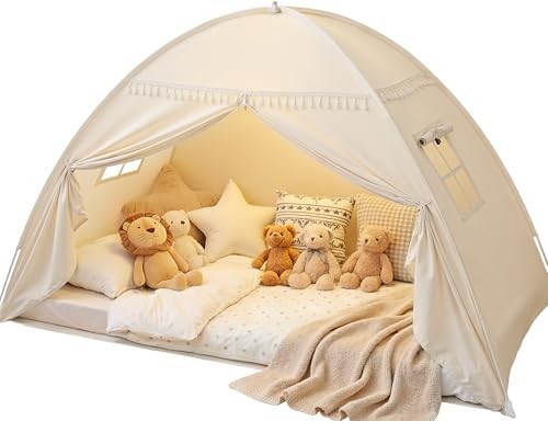 Toddler bed Tent Canopy: Lights & 75x40x46"(Suggested for Twin) Golden Beige