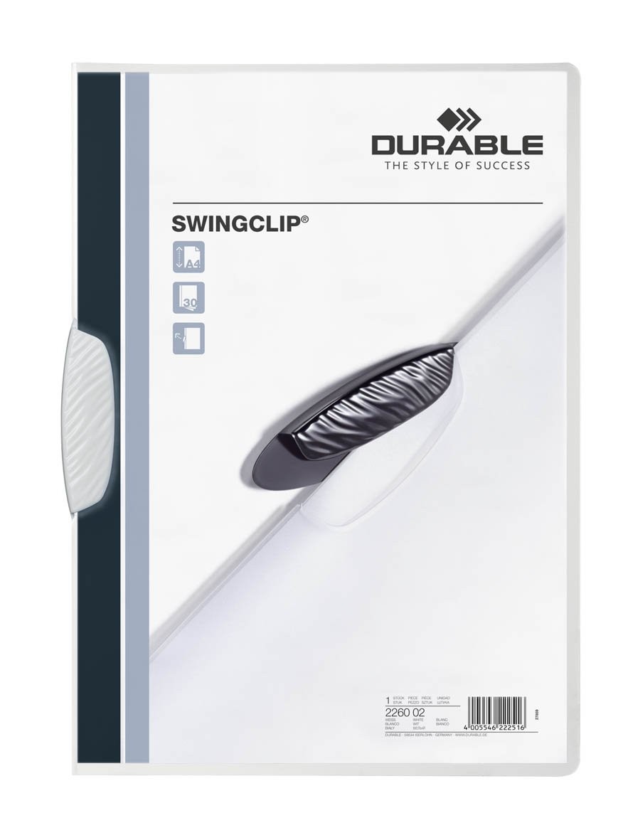 Durable 226002 Clip Folder SwingClip made of PP, Up to 30 Sheets A4, White, Pack