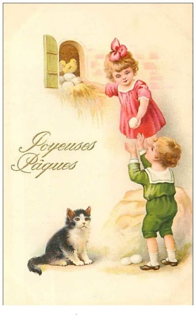 Cats No. 6508 Happy Easter Cat Watching Children Collect Eggs