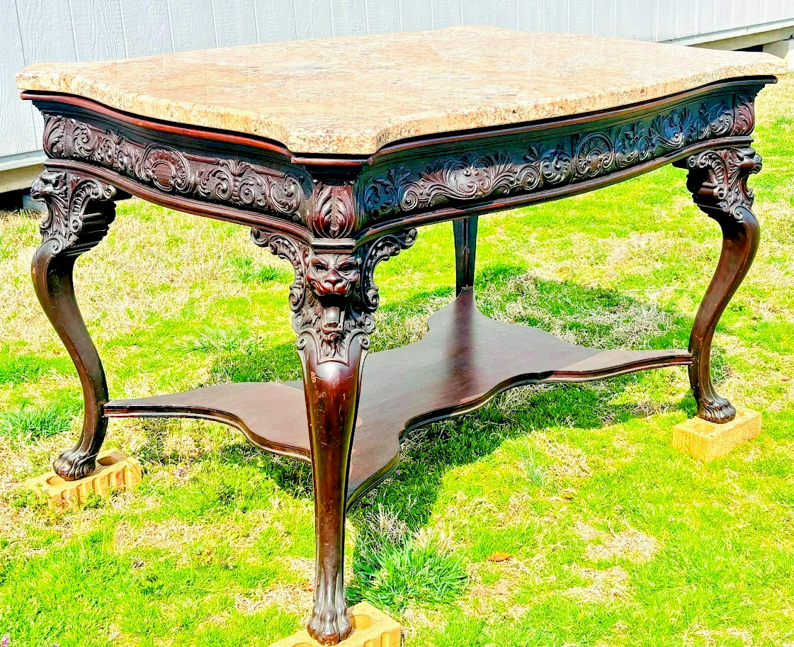 Antique RJ HORNER Figural Carved Mahogany Library Table Marble Top Partners Desk