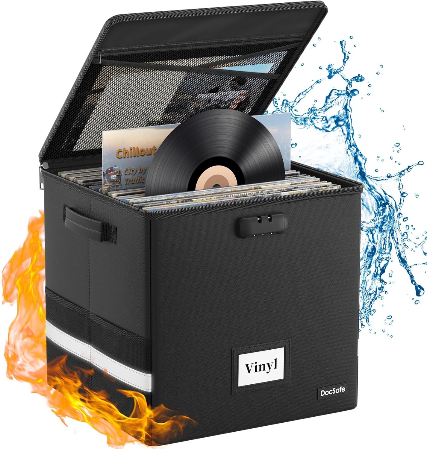 DocSafe Vinyl Record Storage Box with Lock,Fireproof＆Water Resistant Record Or