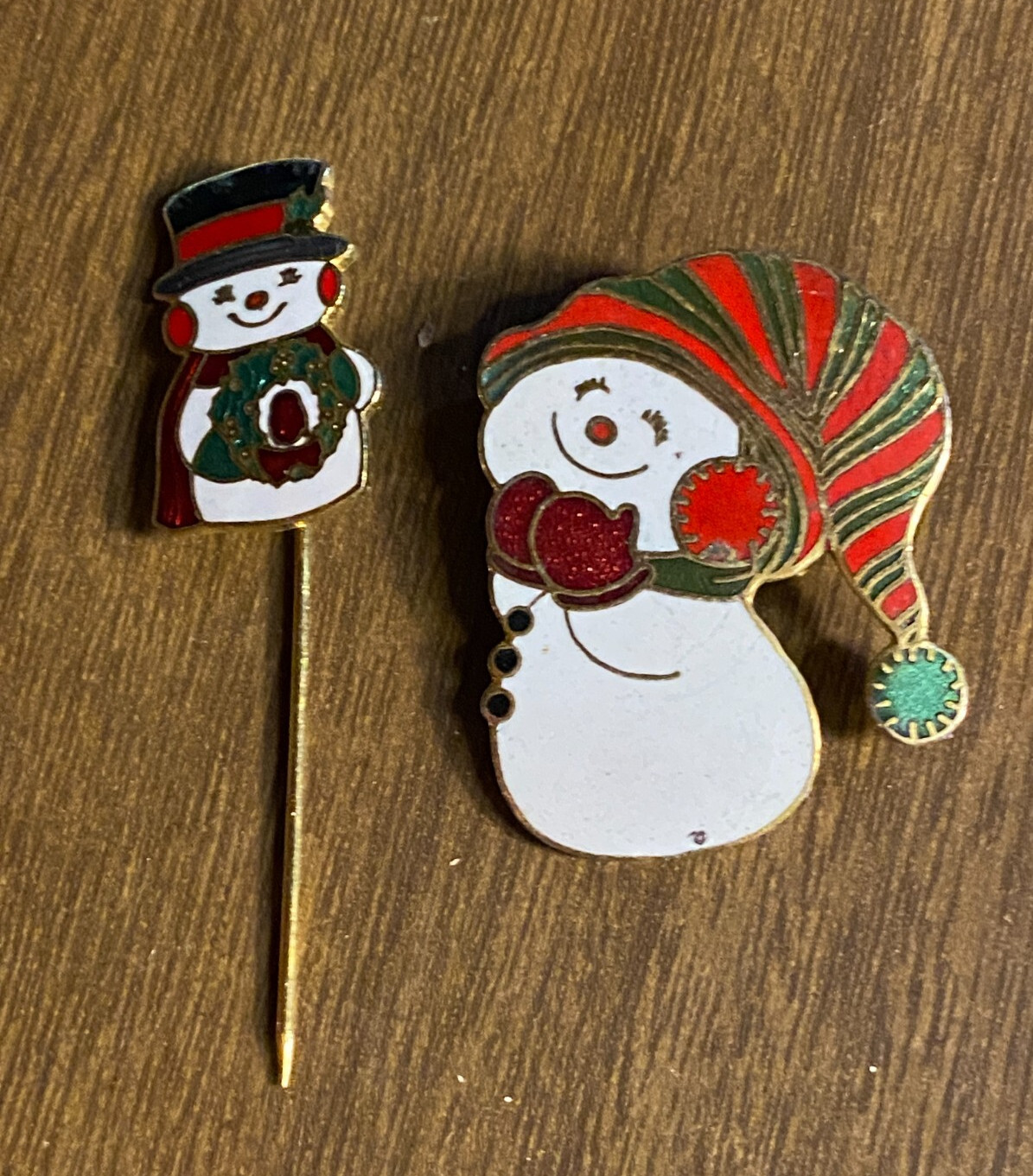 2 Vintage Enamel Snowman 1979 Christmas Gold Tone Pins Brooch 1.5-2.5"