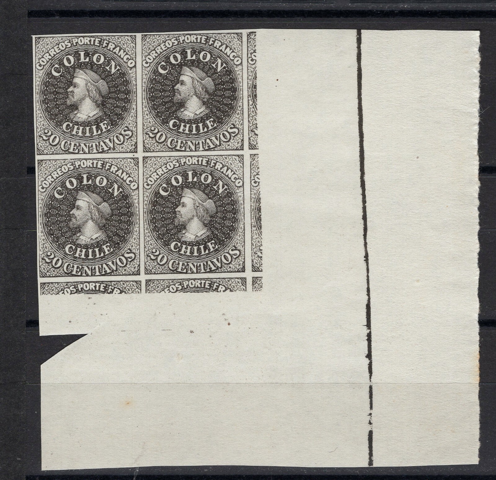 CHILE 1910 Hahn reprint half watermarked half unwatermarked X-RARE corner sheet
