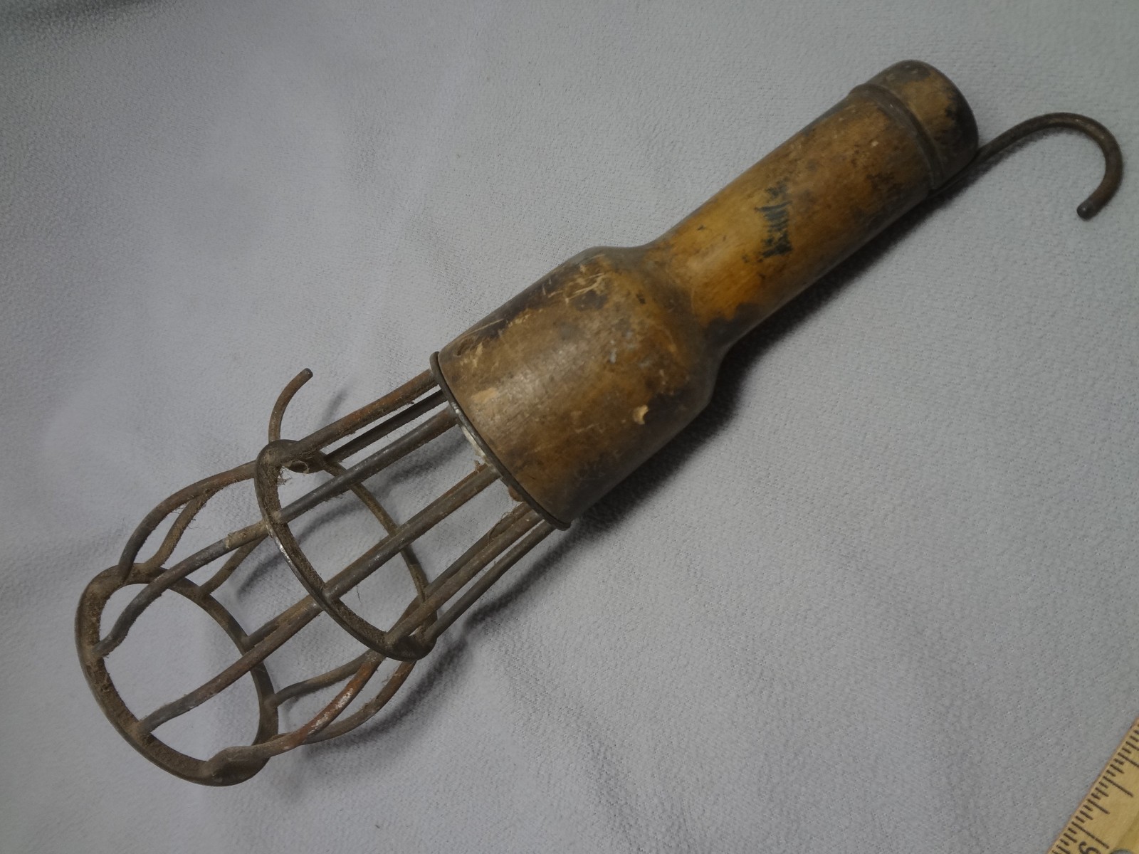 VINTAGE METAL CAGE DROP LIGHT, WOOD HANDLE, GARAGE, SHOP