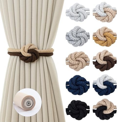 Magnetic Curtain Tiebacks Holdbacks - Wood Tie Backs Rope Holder 2 Beige Brown