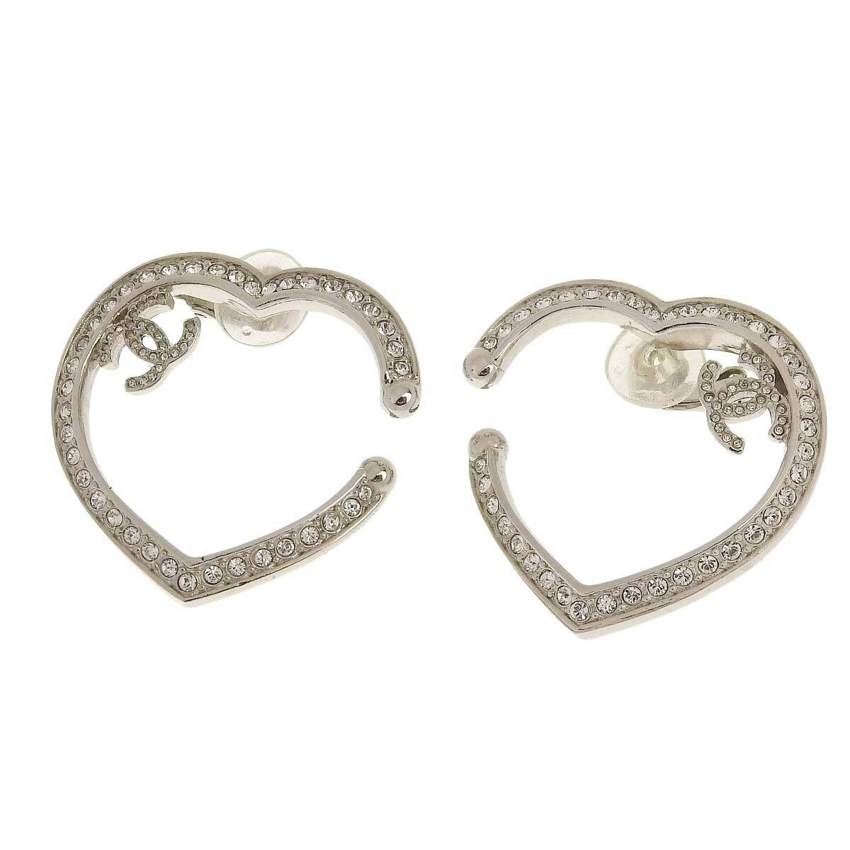 CHANEL Coco Mark Heart Motif Earrings Plated Silver Ladies 4564