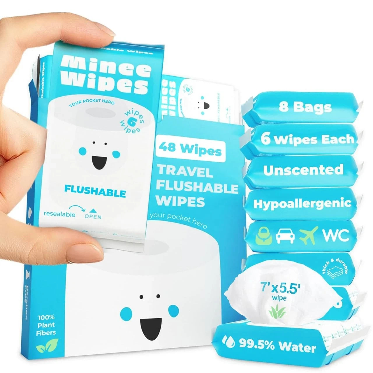 Impossibly Compact Travel Flushable Wipes - 99.5% Water 6 Count (Pack of 8)