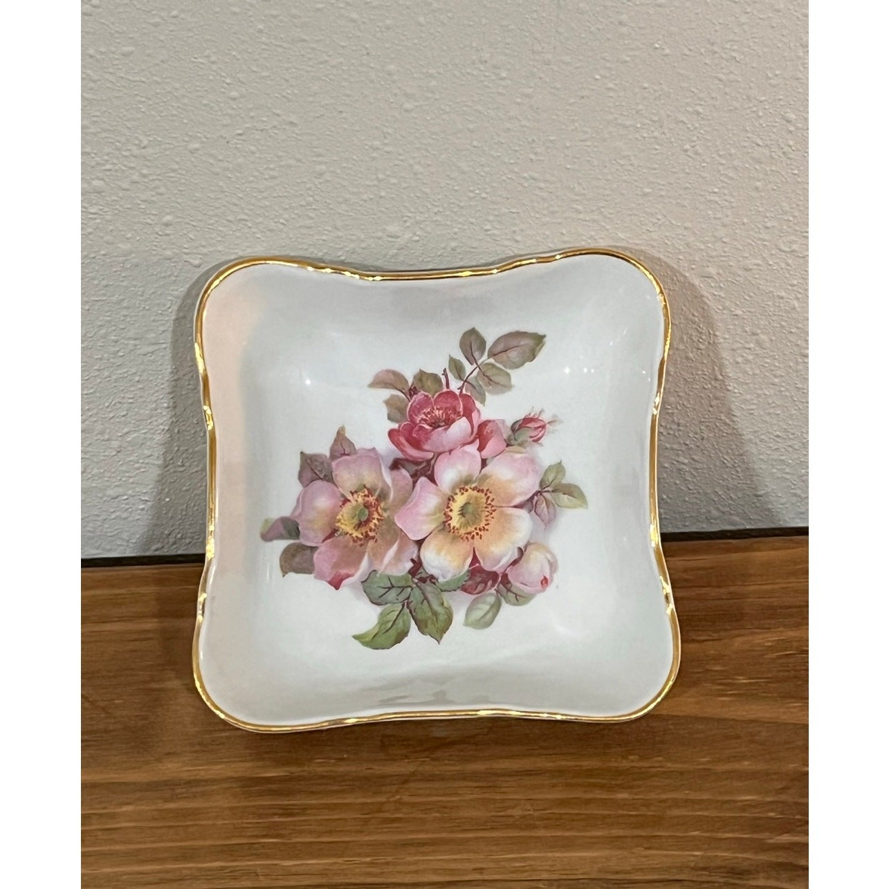 E&R Golden Crown Bavaria Wild Rose Trinket Dish 1940s Arzberg Germany Gold Trim