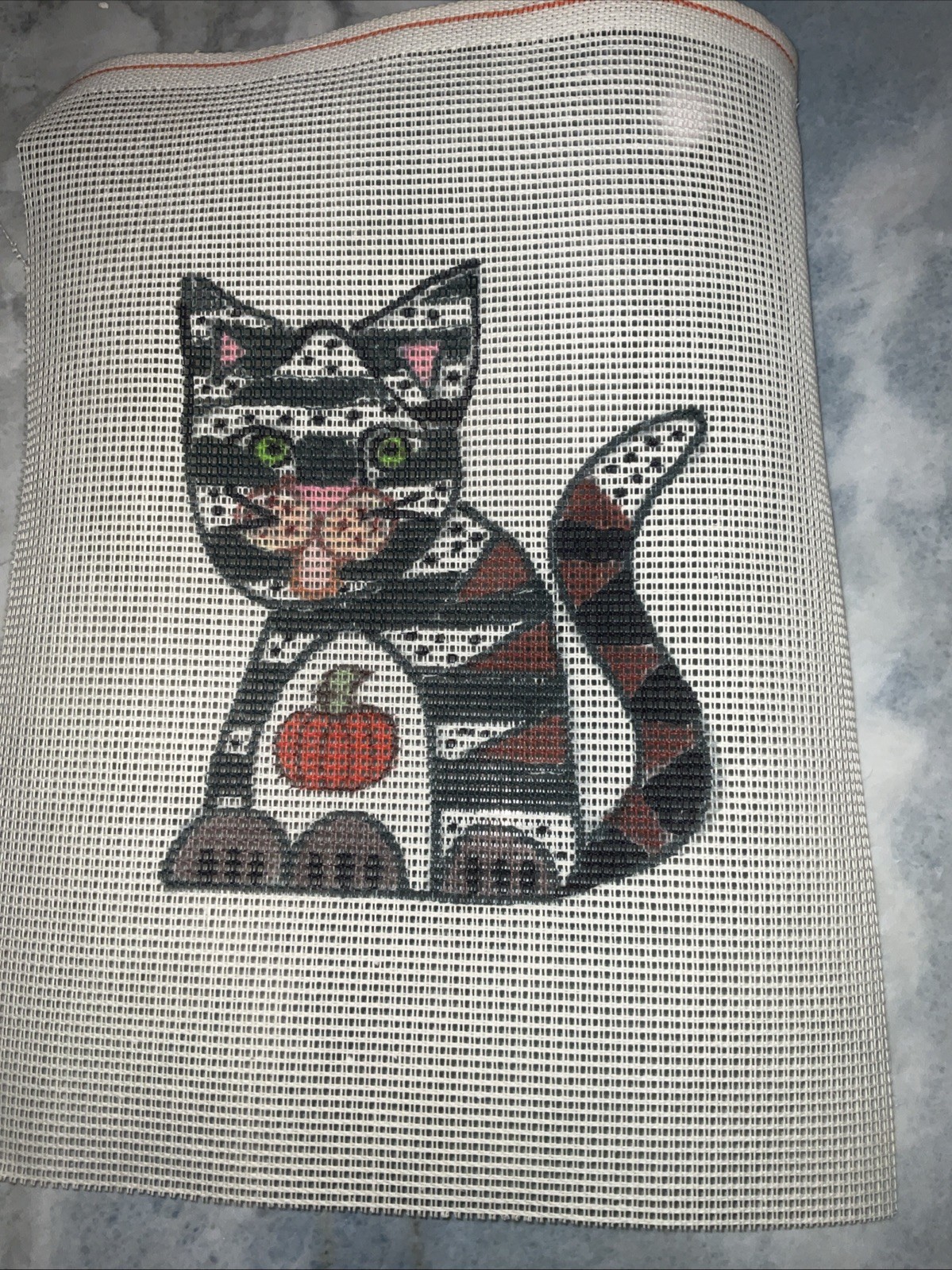 Handpainted  needlepoint canvas - Pumpkin Cat