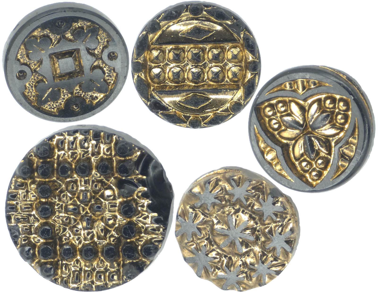 1890-30s Antique Victorian Black Glass Floral Gold Luster Starburst Button LOT 5