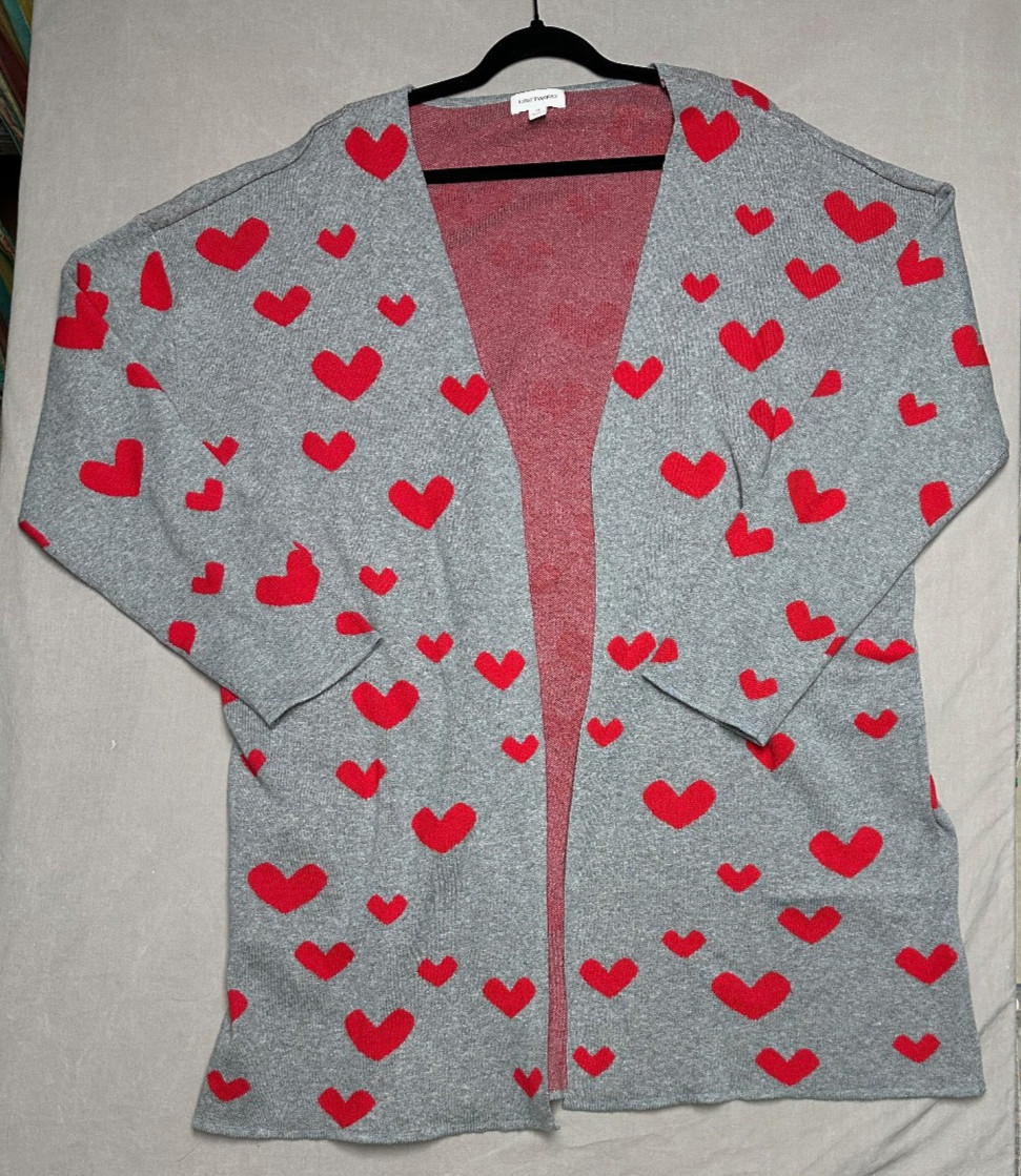 Driftwood Jeans Heart Intarsia Cardigan - Gray Red Hearts 3X Open Front Long