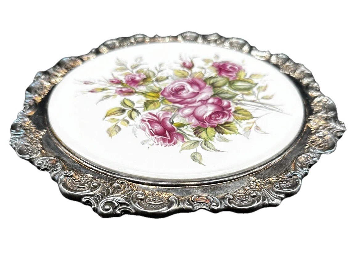 Vintage Trivet With Roses Baroque By Wallace Porcelain And Silver Plate