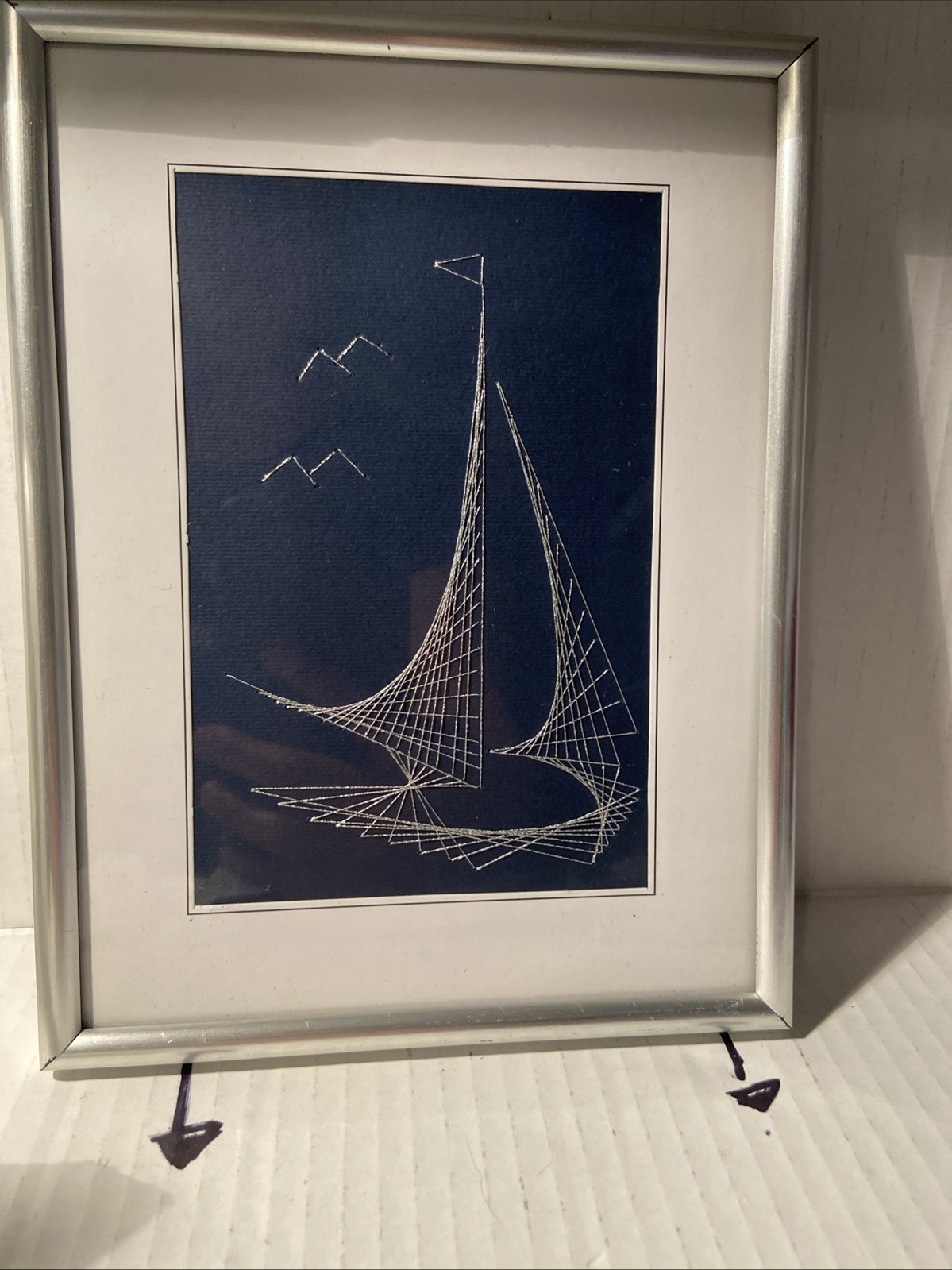 Vtg String Art Silver Thread Sailboat MCM Embroidered On Blue Background Fabric