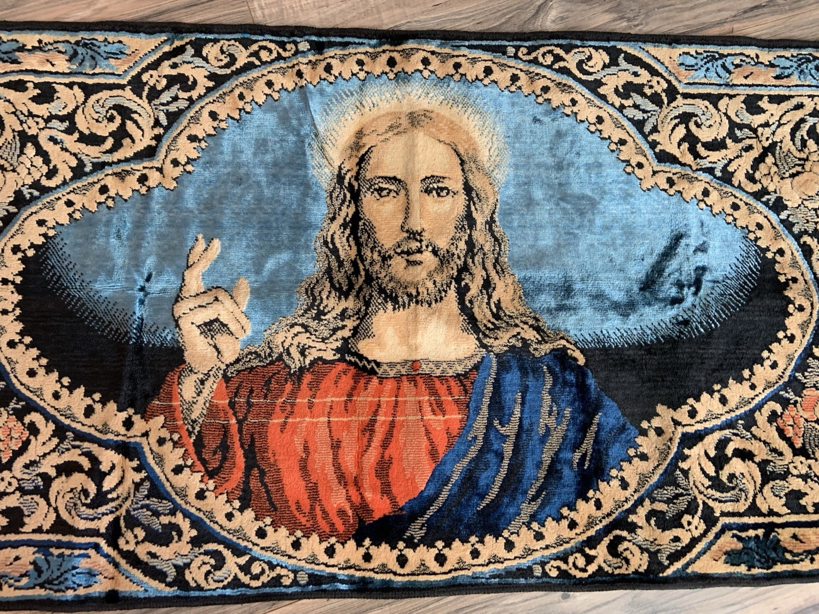 Vtg Jesus Wall Hanging 47 X 21 Beautiful Blues Velour Design Religious MCM