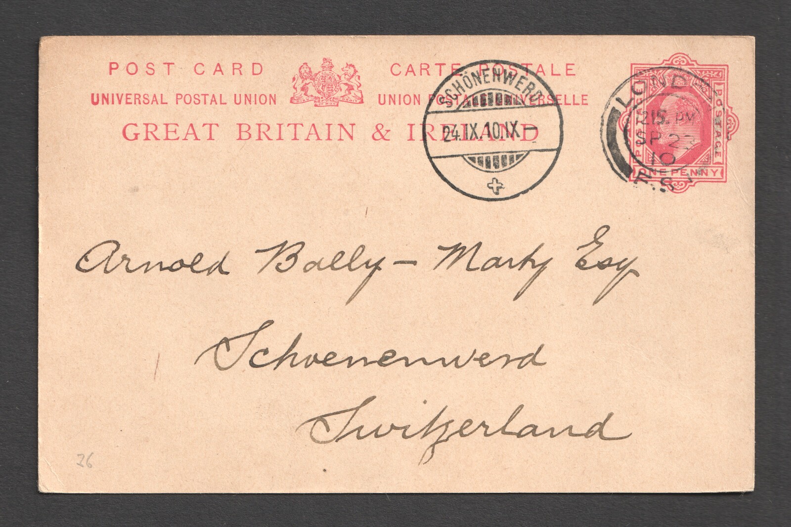 KEVII 1d Stationery Postcard London FS Foreign Section - Switzerland Schonenwerd