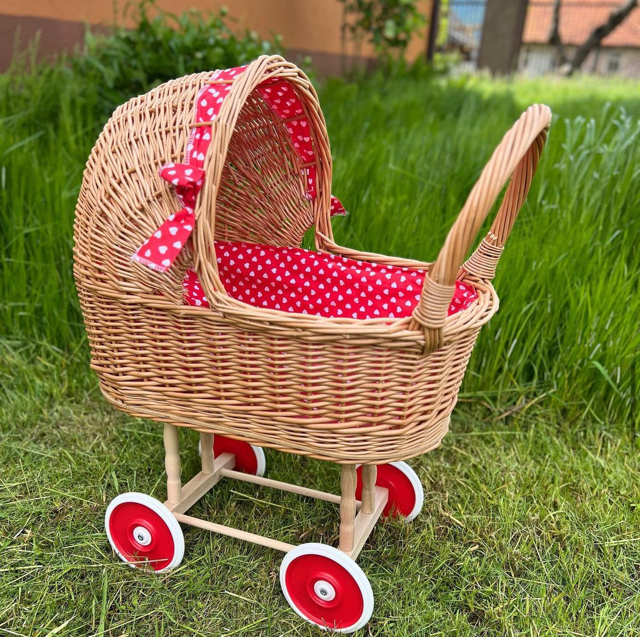 NEW Wicker doll stroller red polka dot lined wicker baby carriage baby stroller