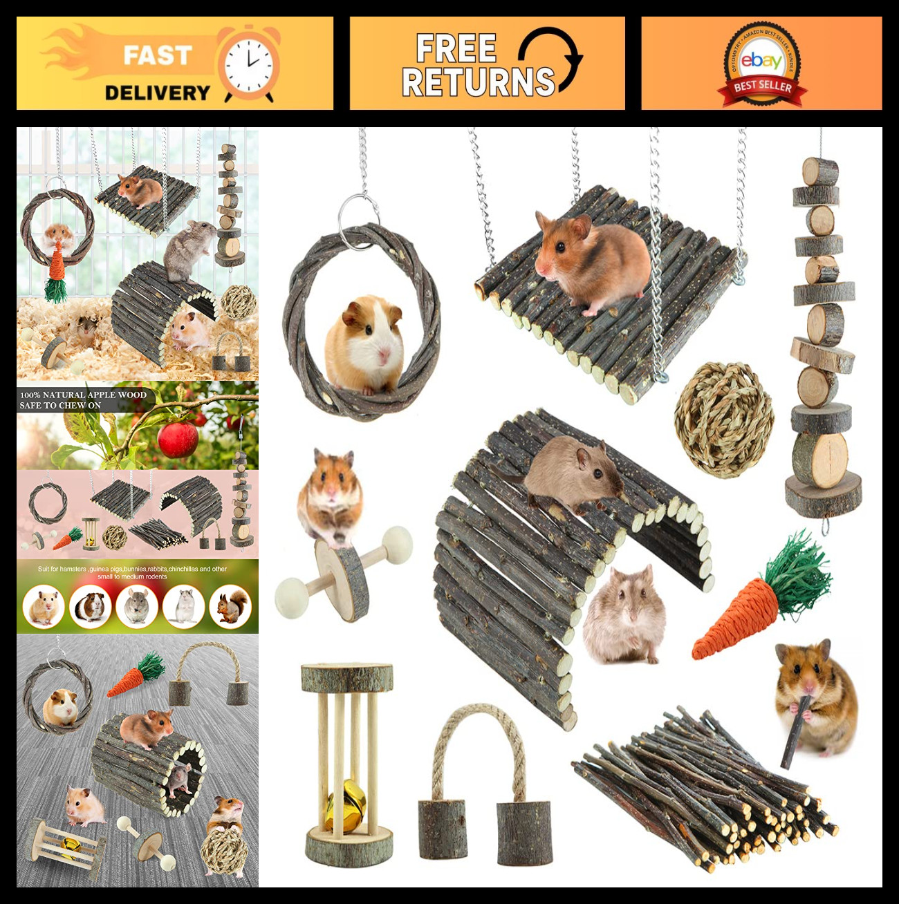 Small Animal Chew Toys - Apple Wood Sticks, Ladder, Bell & Roller for Hamsters,