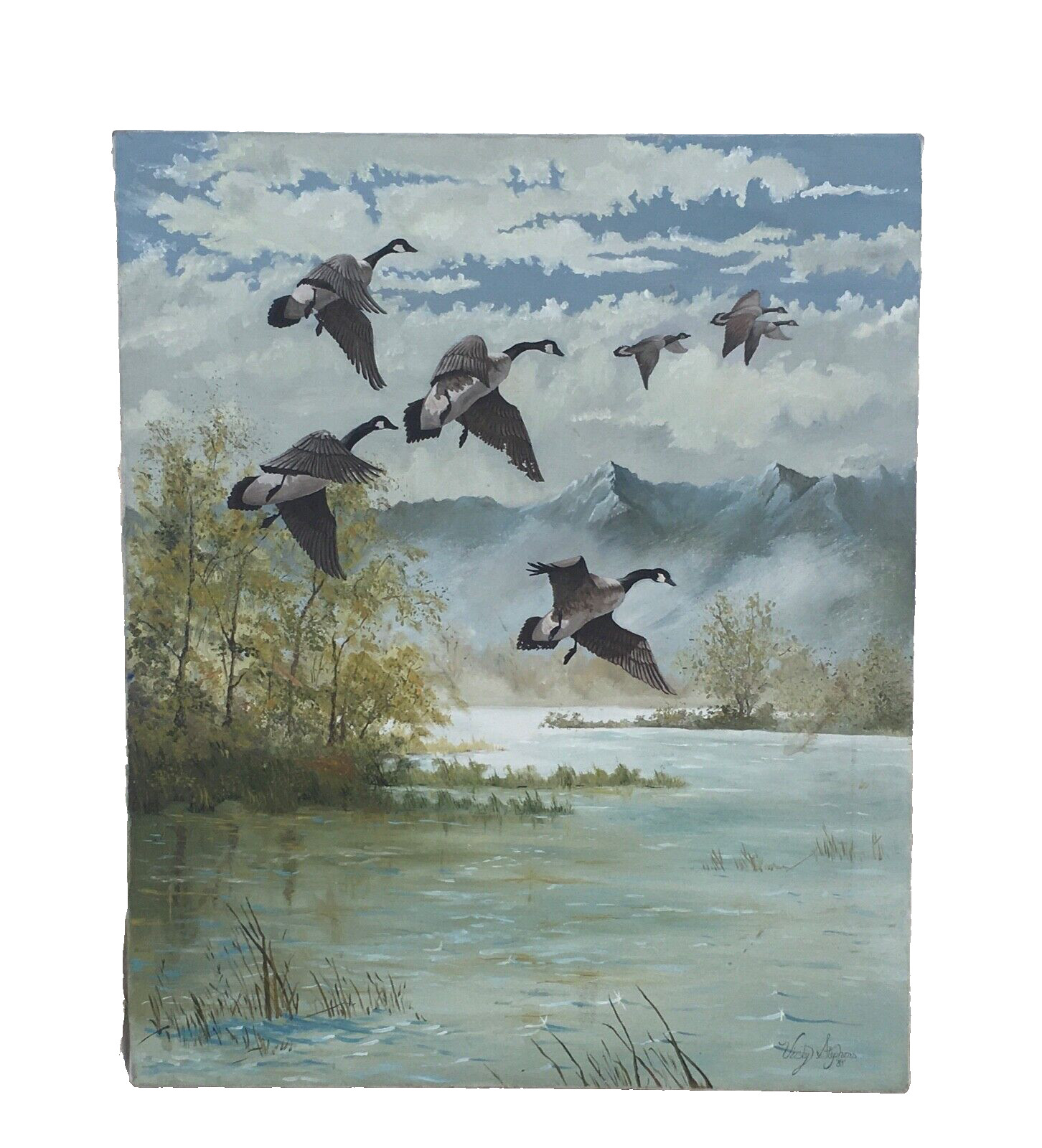 Vintage Signed Painting on Canvas Flock of Flying Canadian Geese 23” x 19”
