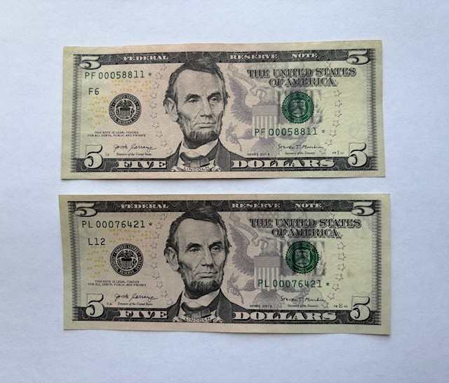 Low Serial Number With Star Note, One Pair of $5 Bills 2017