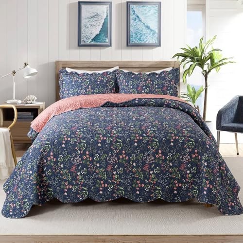  3-Piece Quilt Set Quilted Bedspread Lightweight Queen Qs-blue Flower Sea