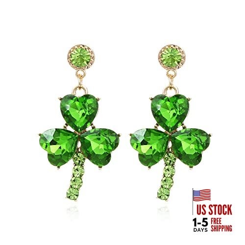 St Patrick's Day Earrings for Women,Green Rhinestone Irish Shamrock Drop 