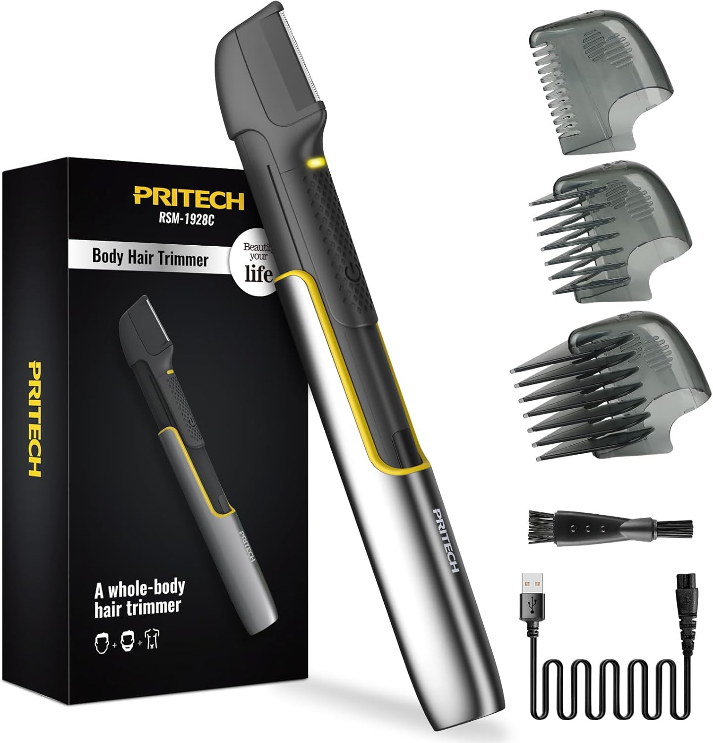 PRITECH Body Hair Trimmer for Men, Body Hair Groomers with Guard Comb, Rechargea