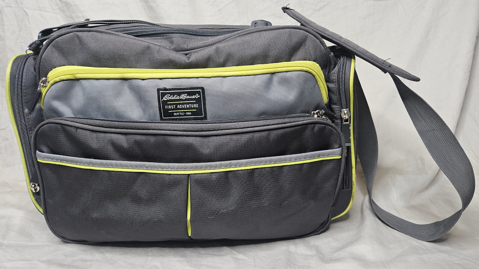 Eddie Bauer Diaper Bag Messeger Crossbody Gray Neon Yellow Trim Gender Neutral