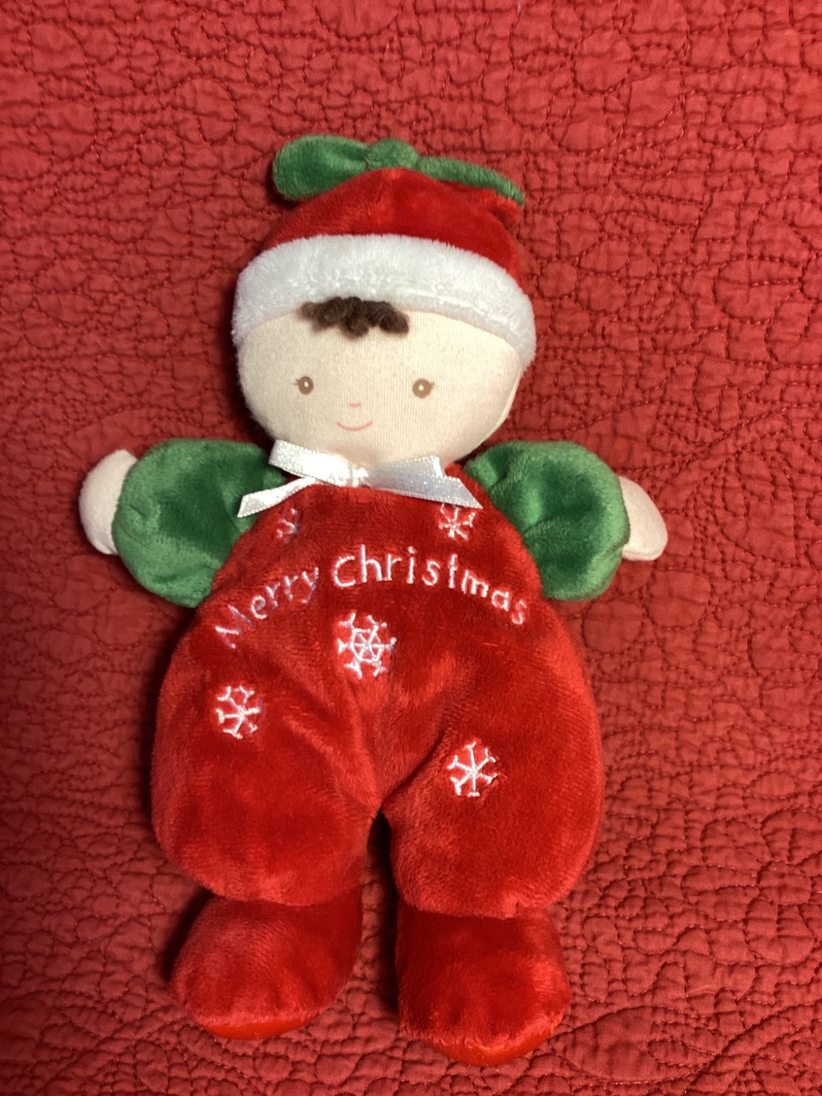 9" Carters merry christmas doll brunette snowflakes red plush stuffed rattle