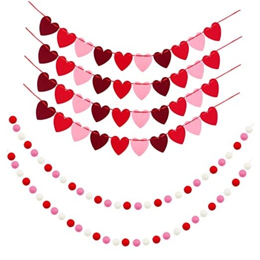  6 Pack Valentine's Day Decor Set - 60 Balls Felt Garland & 40 Heart Garland 