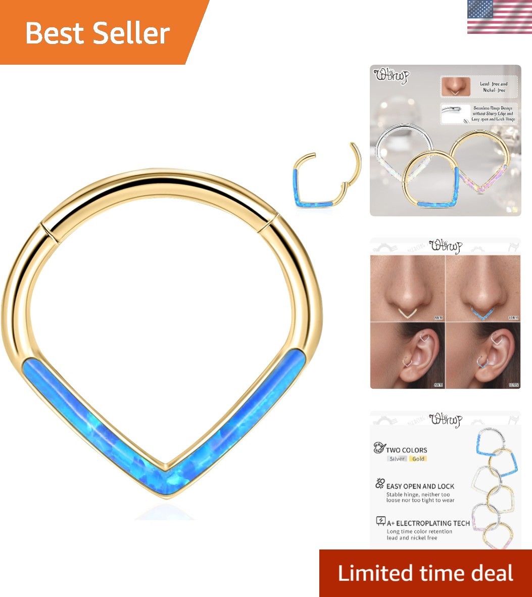 16G 8MM 10MM Septum Rings Piercing Jewelry: Teardrop Heart Shape Opal CZ 316L...