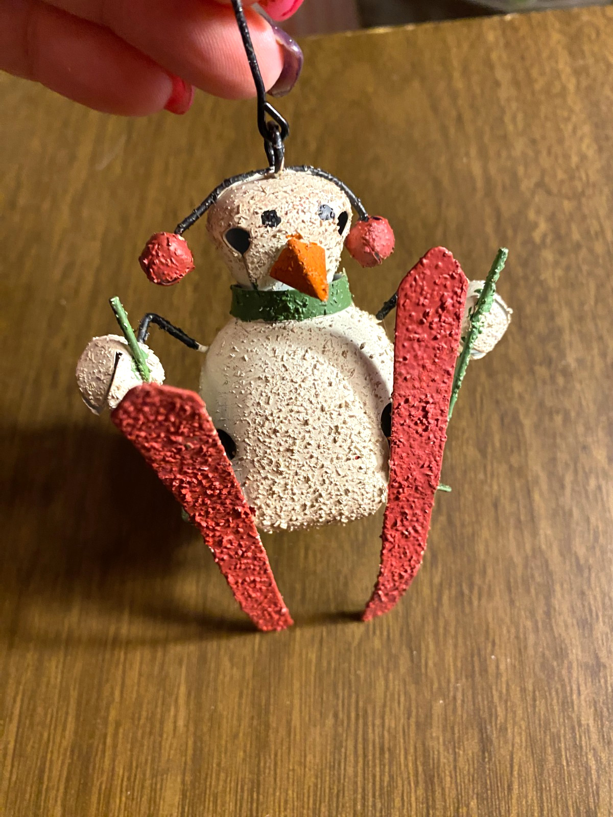 Metal Bell Skiing Snowman Christmas Ornament 4"