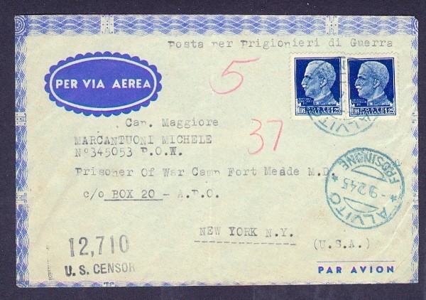 ITALY 1945 CENSORED AIR TO POW FORT MEAD USA