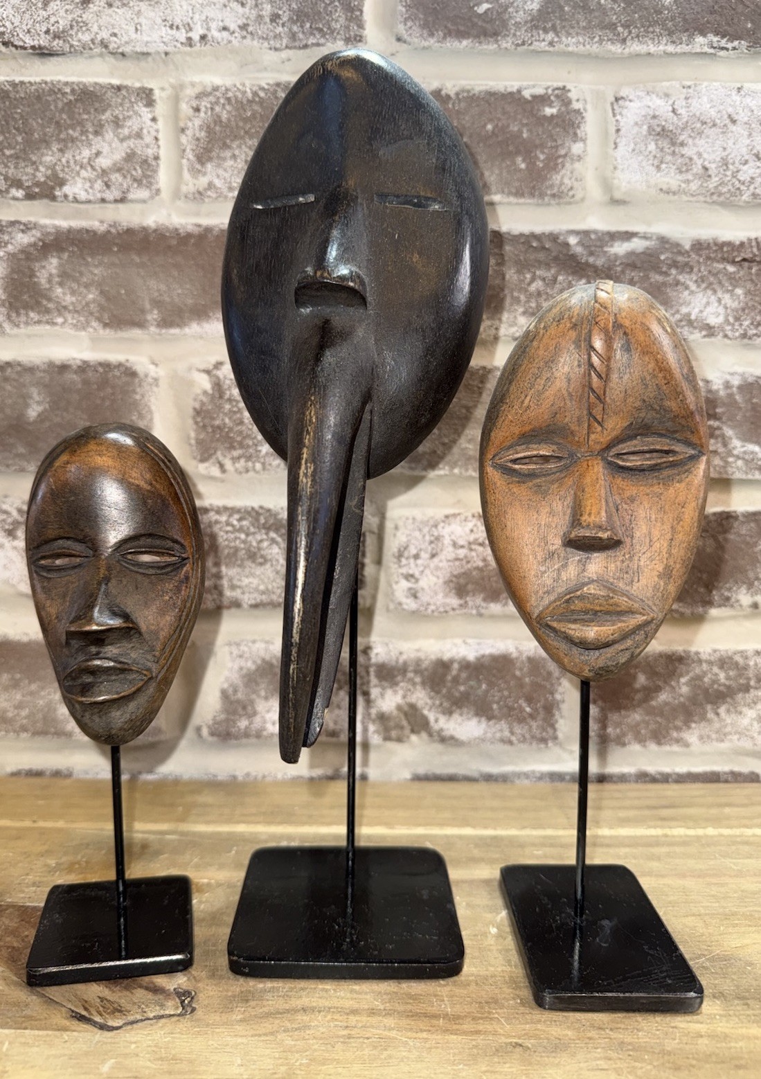 3 Antique Dan-style Mao African miniature masks Ivory Coast On Stands Tribal Art